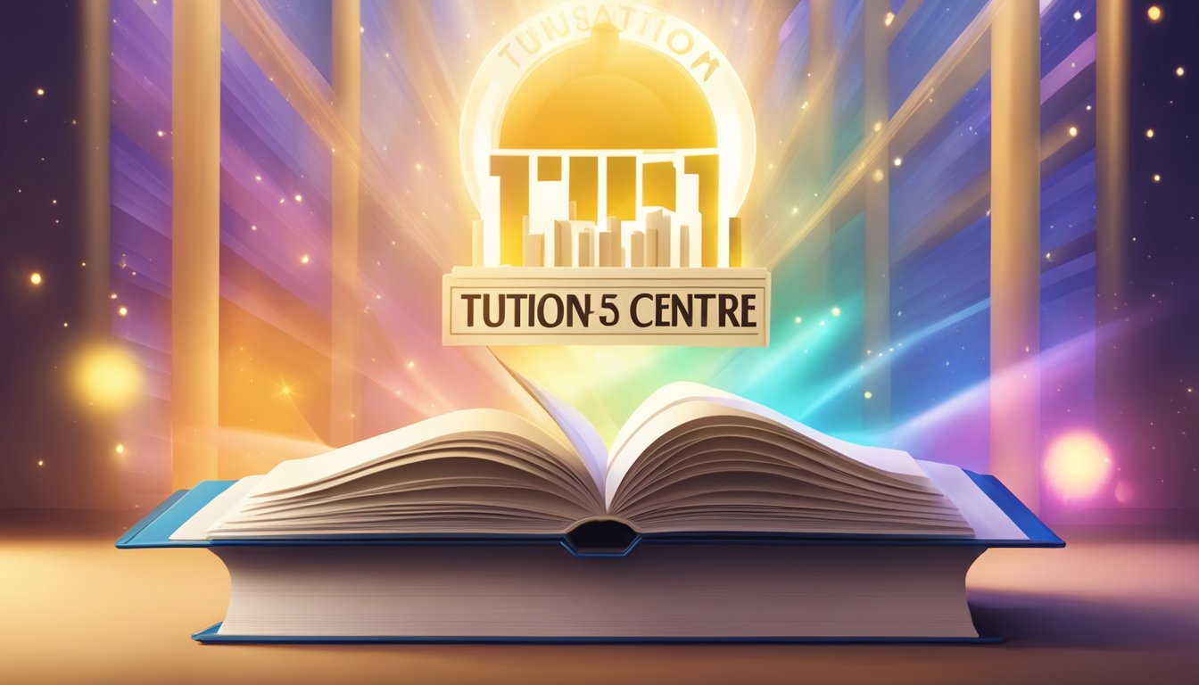 A bright, open book with a graduation cap on top, surrounded by rays of light and a bold, modern font spelling out "Tuition Centre" in the background