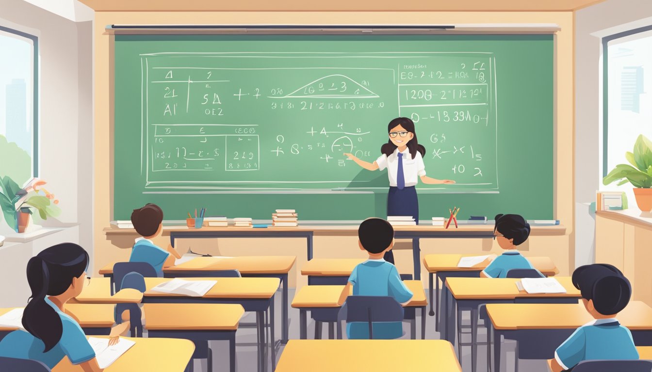A brightly lit classroom with math equations on a whiteboard, students at desks, and a teacher explaining concepts at a PSLE math tuition centre in Singapore