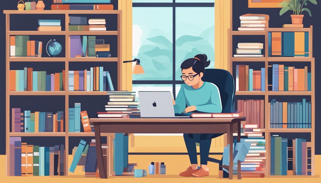 A person researching tuition assistance options in Singapore, surrounded by books, a laptop, and educational materials