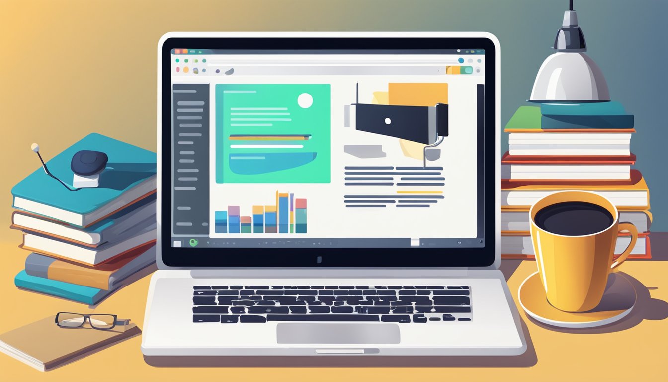 A laptop with a bright screen displaying an online classroom, surrounded by books, a desk lamp, and a cup of coffee