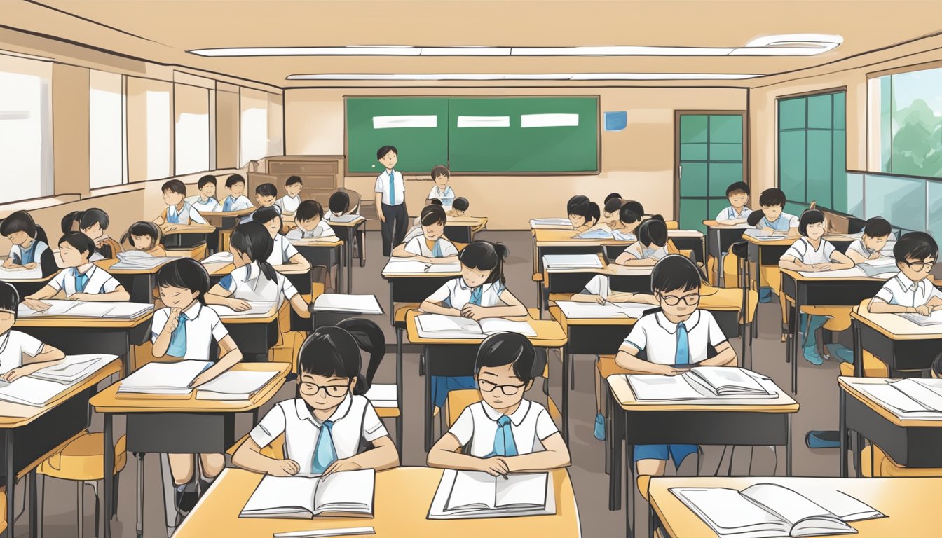 A bustling PSLE math tuition centre in Singapore with students engaged in problem-solving and tutors providing guidance