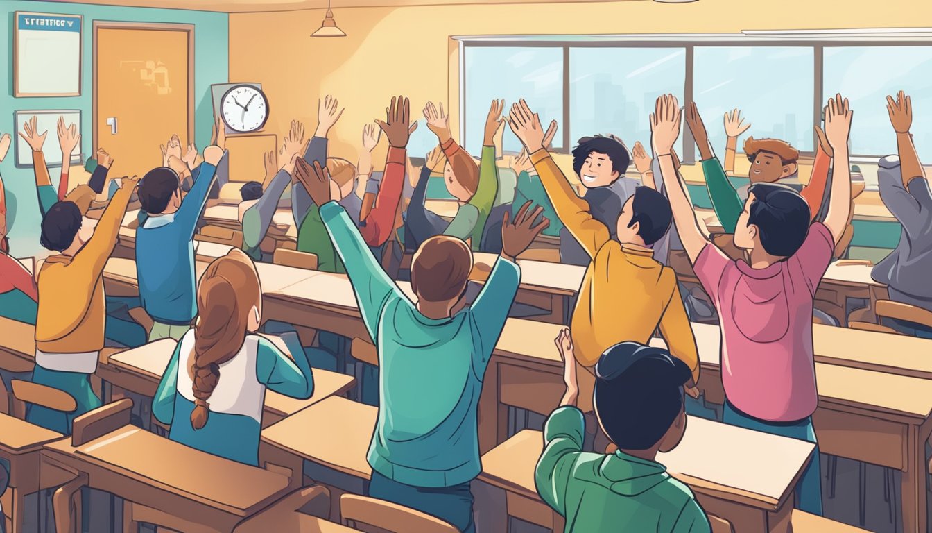 A group of students eagerly raising their hands in a classroom setting, with a prominent "Frequently Asked Questions" sign above them, and the words "tuition centre" displayed prominently