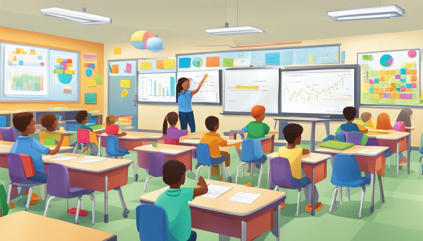 A classroom filled with colorful math manipulatives and interactive whiteboards, with students actively engaged in problem-solving and collaborative learning activities