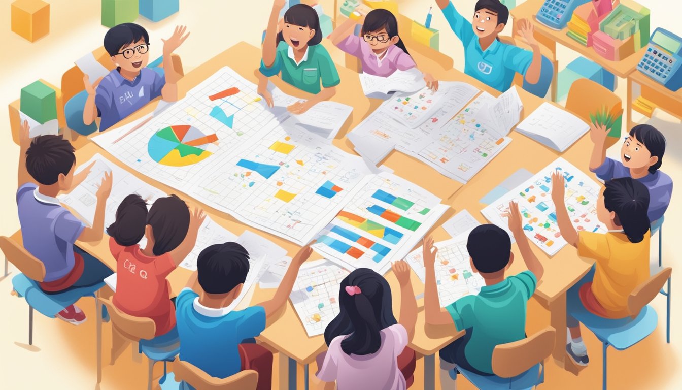 A group of students eagerly raising their hands, surrounded by math equations and colorful educational materials at a PSLE math tuition center in Singapore