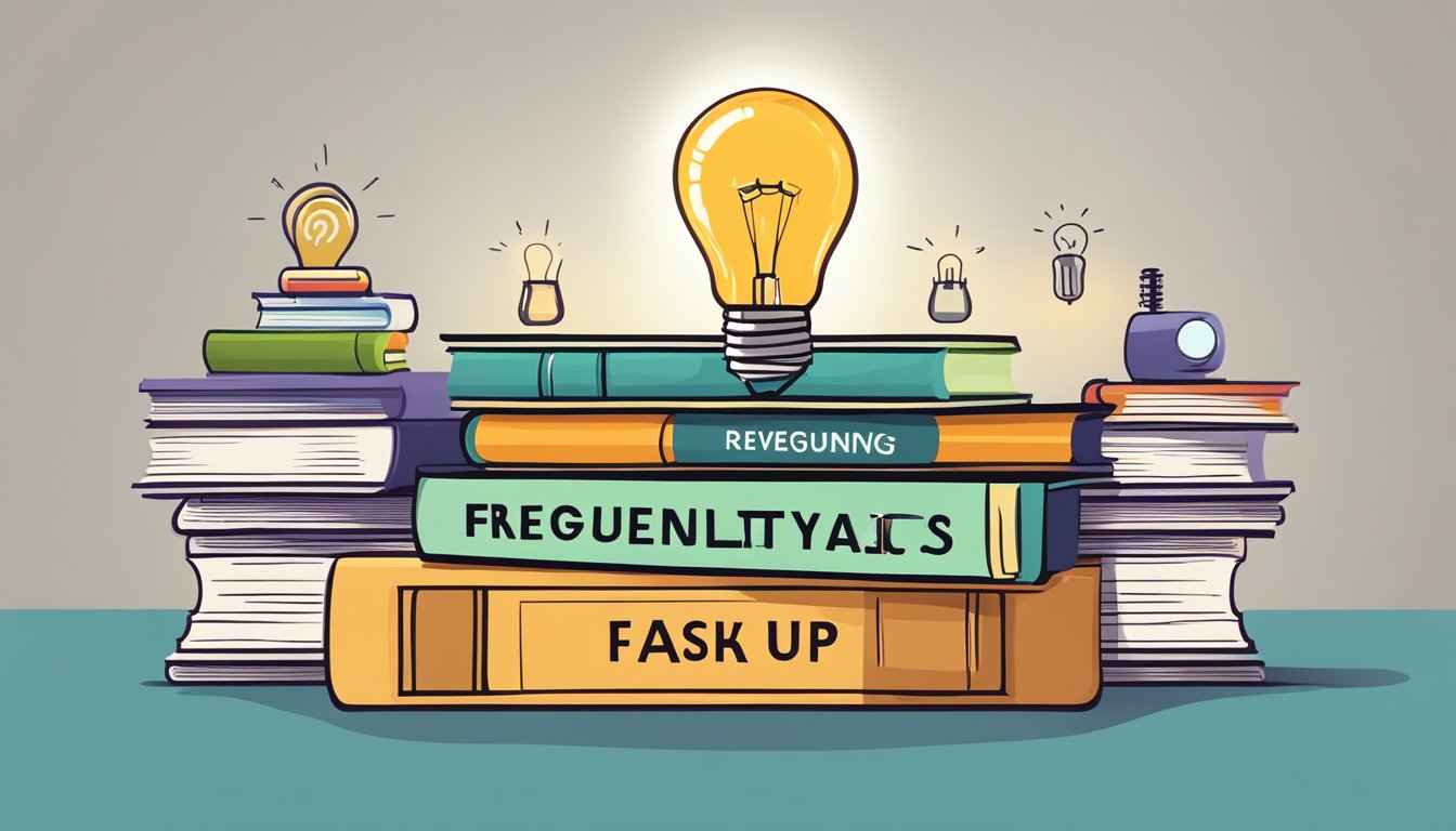 A stack of books with a "Frequently Asked Questions tuition help" label on top, surrounded by question marks and a lightbulb symbol