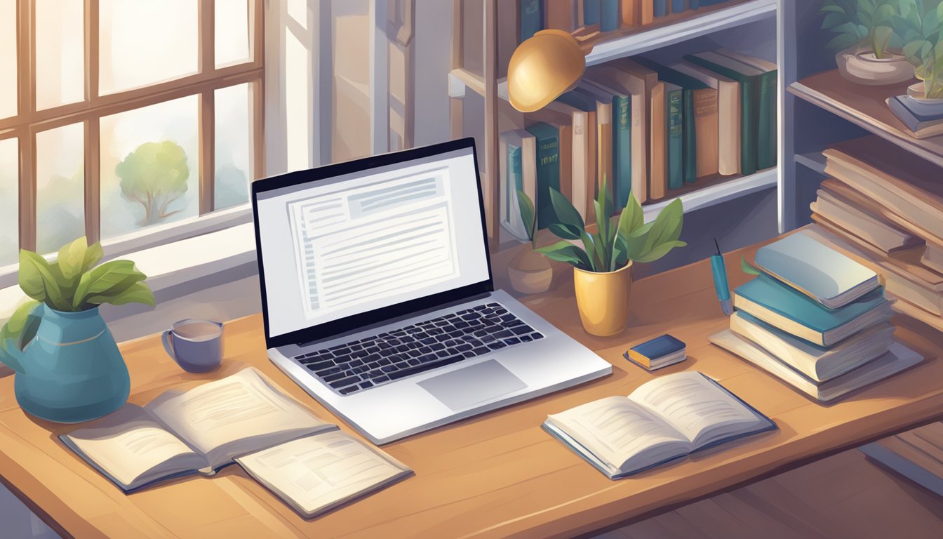 A laptop displaying "Curriculum and Academic Excellence" online tuition classes. Books, a desk, and a cozy study environment