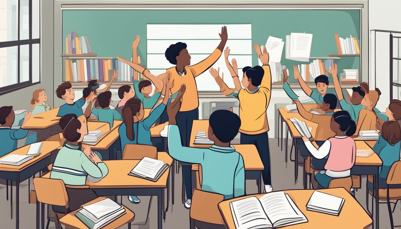 A group of students eagerly raising their hands, surrounded by books and educational materials, while a teacher confidently answers their questions about the benefits of tuition classes