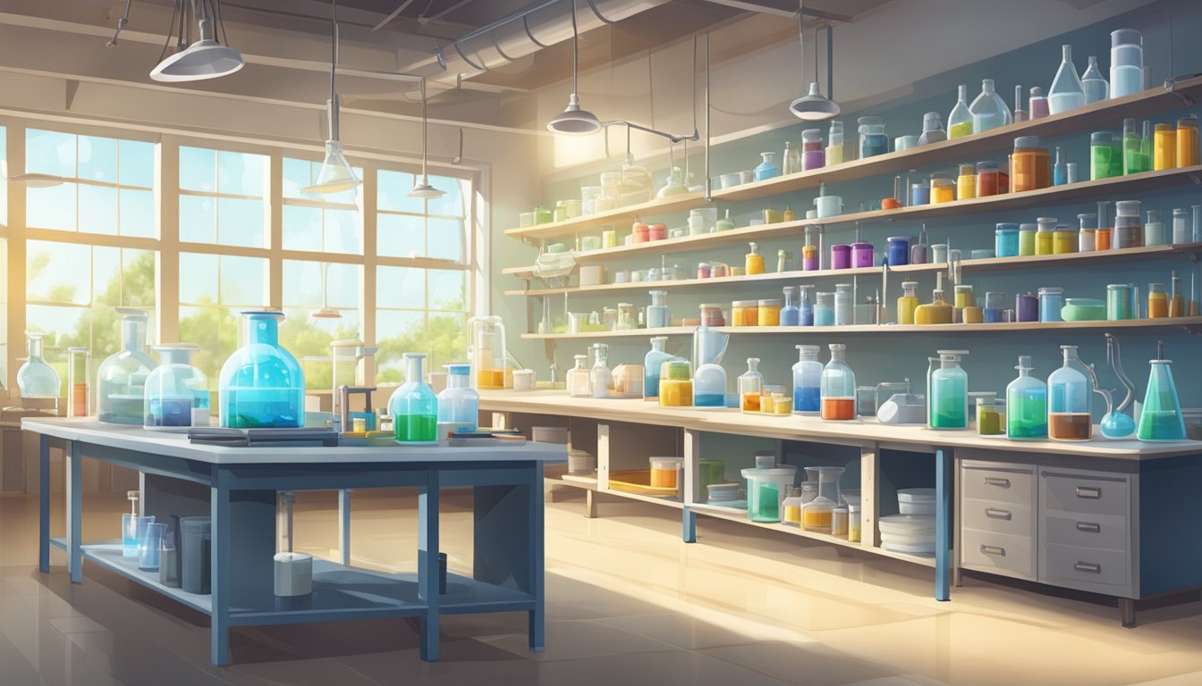 A science lab with various equipment and tools neatly arranged on tables and shelves, with natural light streaming in through the windows