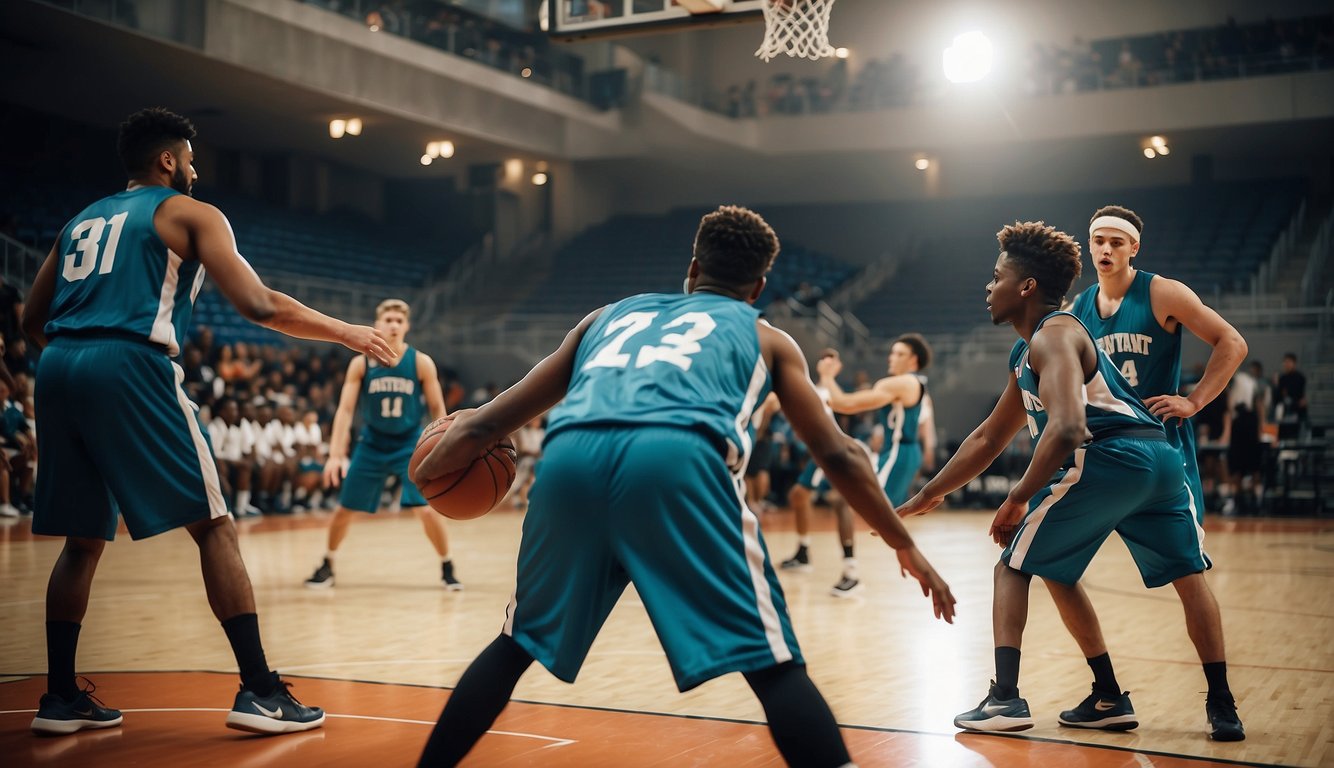 Basketball court with players stretching, wearing protective gear, and receiving coaching on proper technique