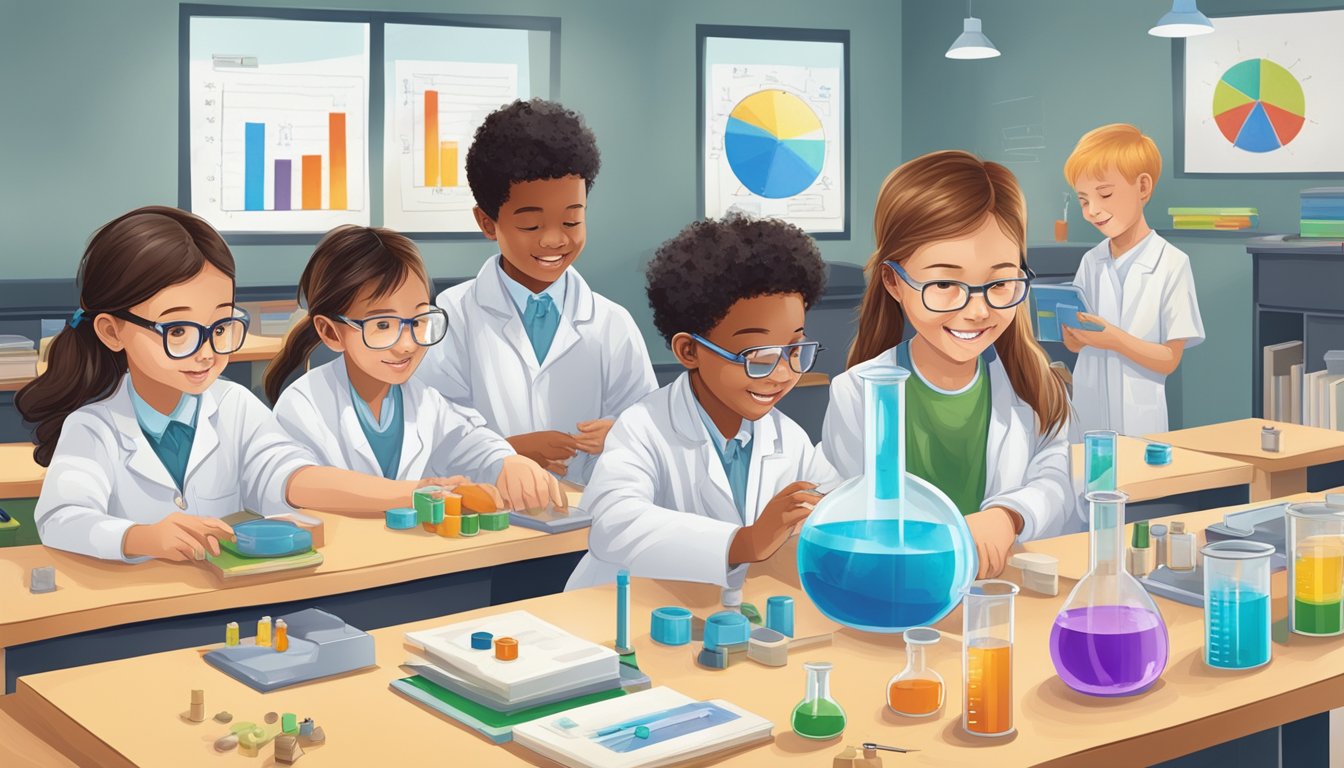 Students eagerly engage in hands-on experiments at a well-equipped science tuition center, surrounded by engaging visual aids and knowledgeable instructors
