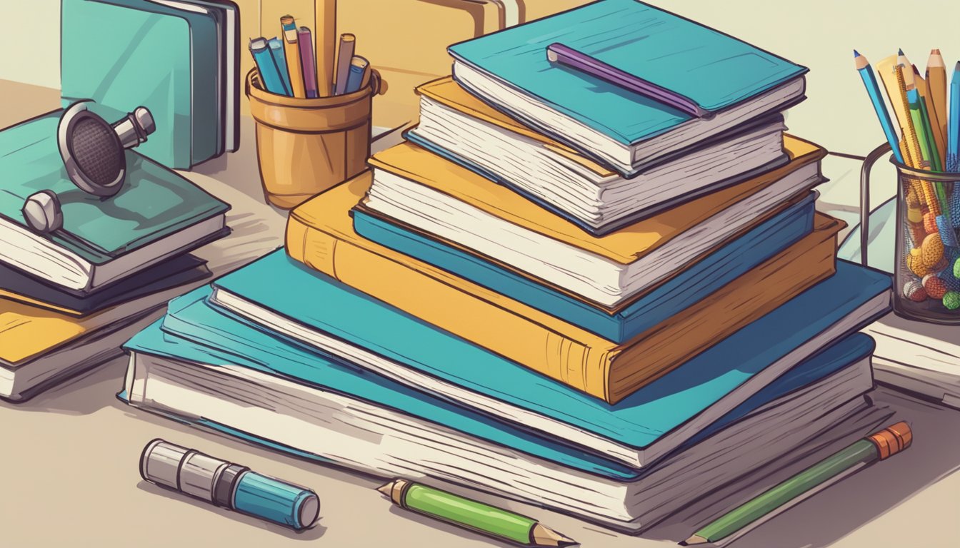 A stack of textbooks with "Frequently Asked Questions" on top, surrounded by science equipment and a tutor