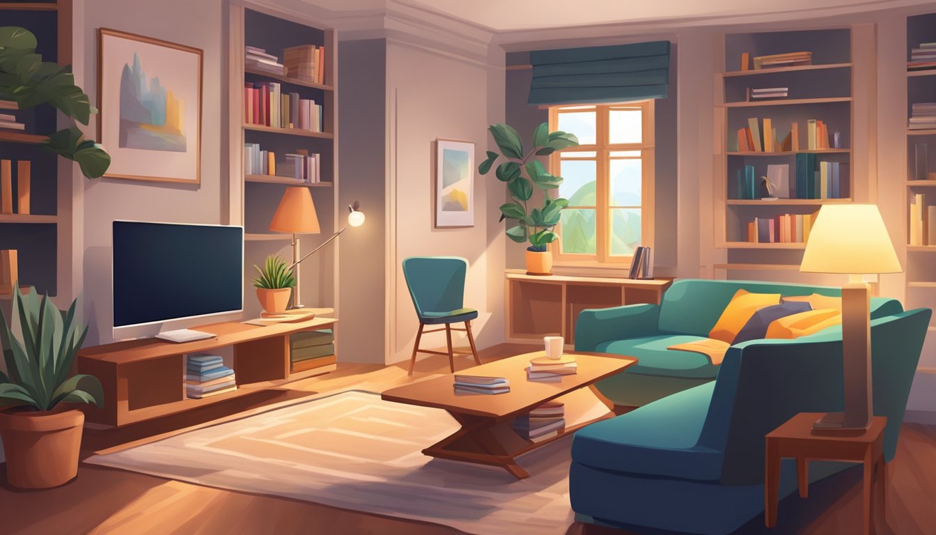 A cozy living room with a small desk, books, and a laptop. A bright lamp illuminates the space, creating a warm and inviting atmosphere for home tuition care assignments