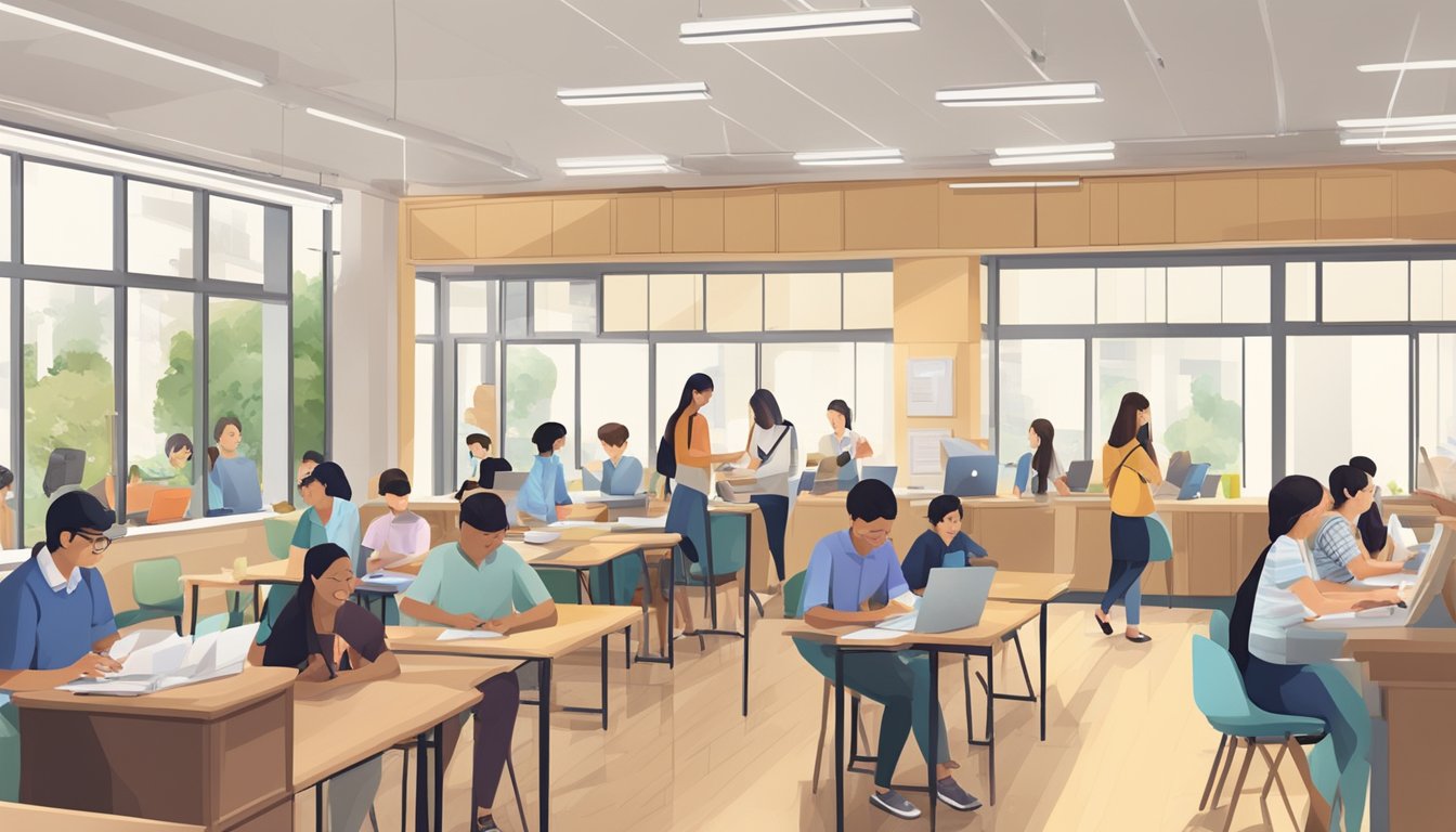 Tian Xia Tuition Centre: Boosting Your Child's Academic Success in Singapore A bustling tuition centre with students and parents inquiring at the front desk, while tutors lead classes in various subjects