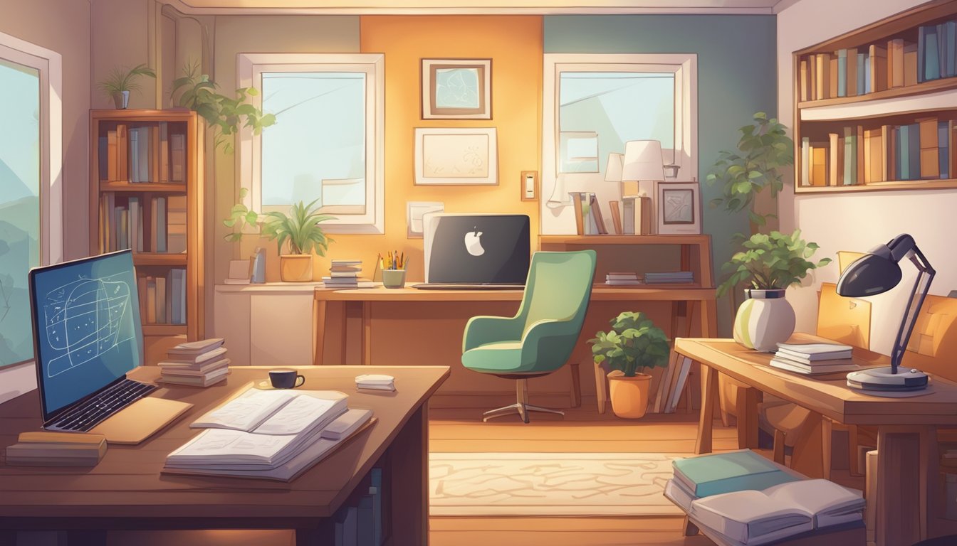 A cozy living room with books and a study desk, a whiteboard with math equations, and a computer for online learning