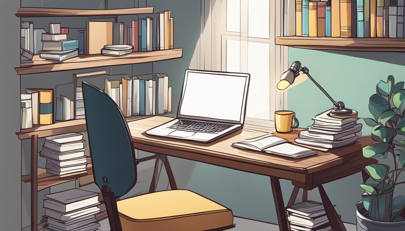 A clutter-free study space with books, a laptop, and notes. A bright desk lamp illuminates the area, creating a focused and productive environment