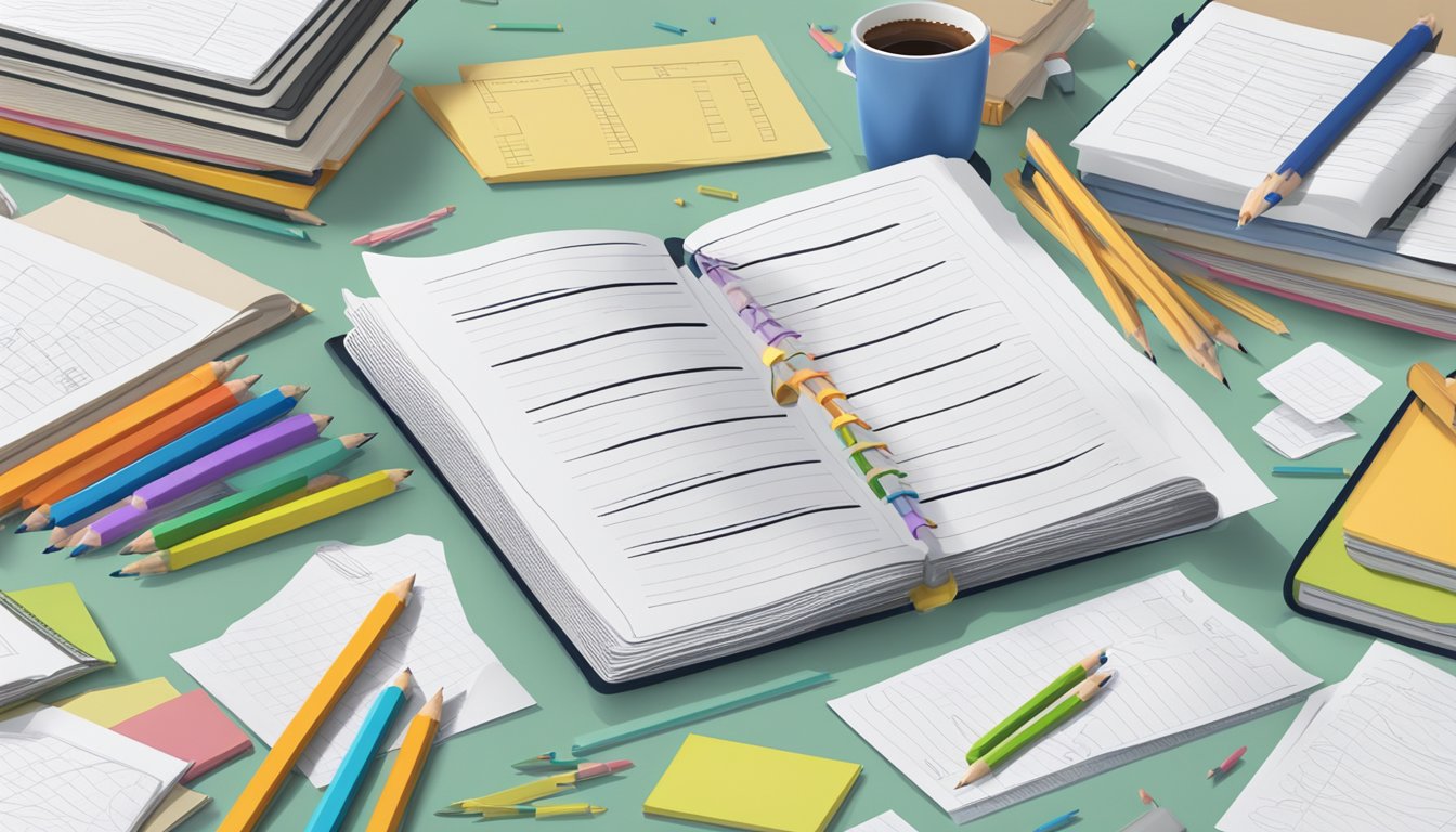 A stack of papers labeled "Frequently Asked Questions" surrounded by scattered pencils and textbooks