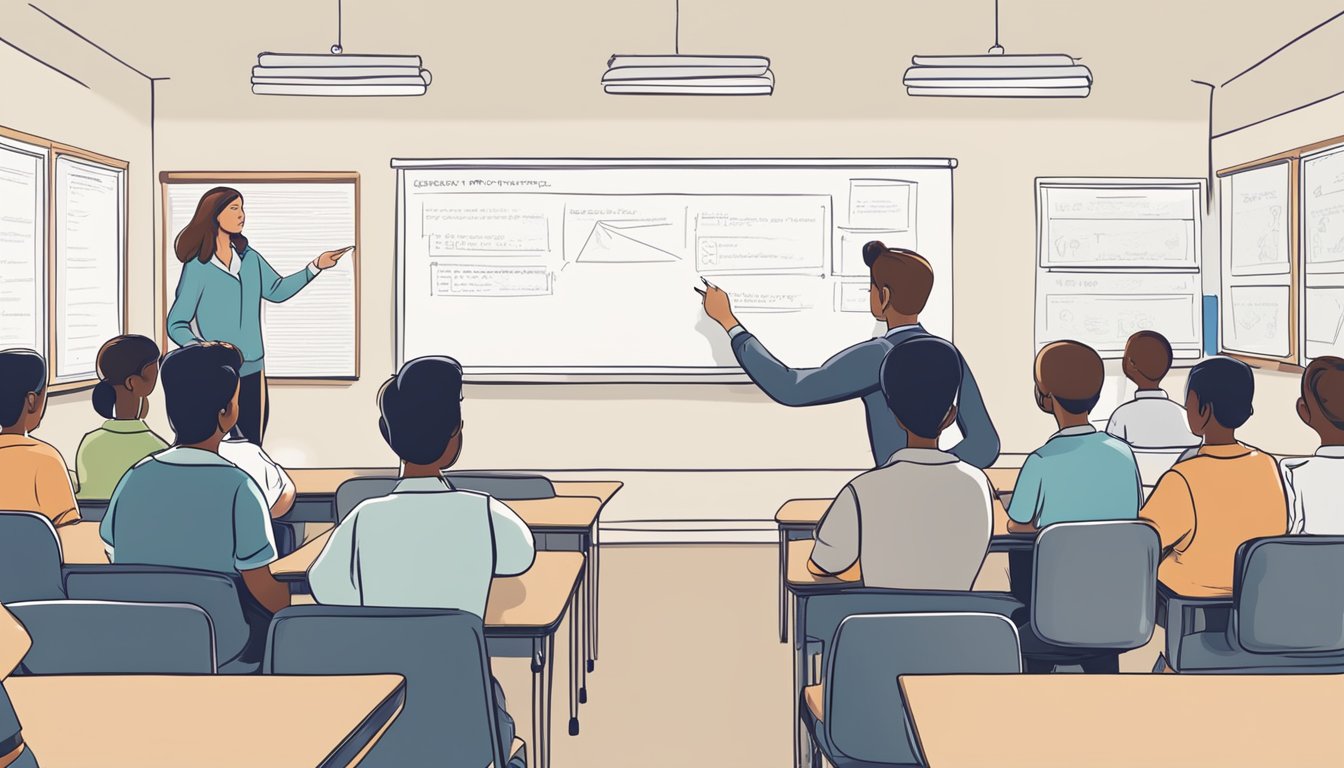 Mastering English Tuition: A Guide for Singaporean Tutors A teacher pointing to a whiteboard with English grammar rules while students listen attentively