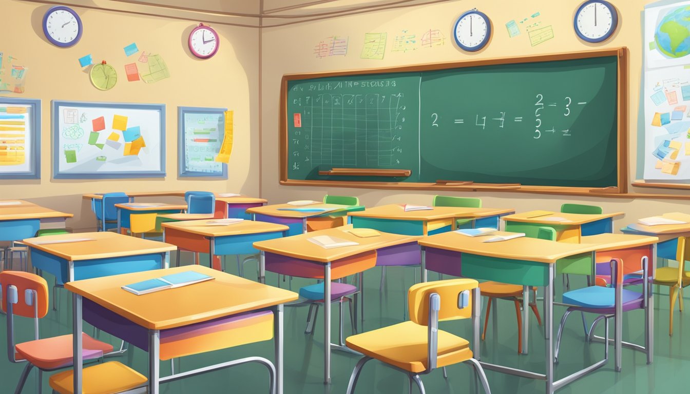 A brightly lit classroom with desks and chairs, a whiteboard with math equations, and educational posters on the walls