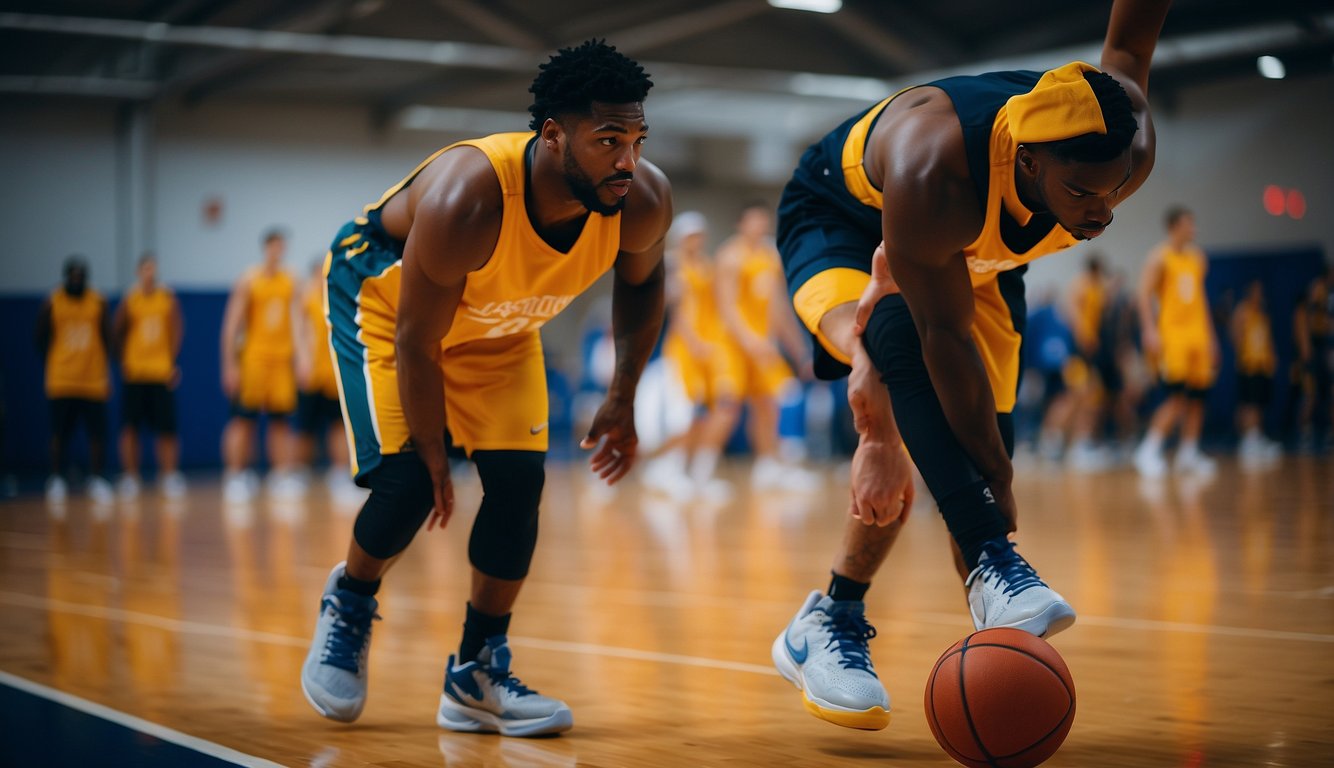 Basketball players warming up, stretching, and practicing proper techniques to prevent injuries