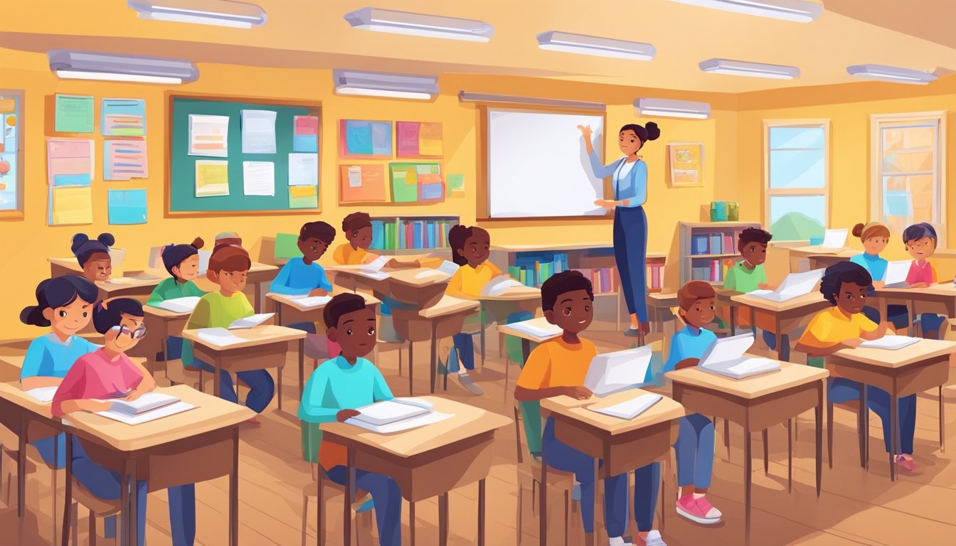 A colorful classroom with textbooks, whiteboard, and educational posters. A teacher's desk with a computer and a group of students engaged in learning activities