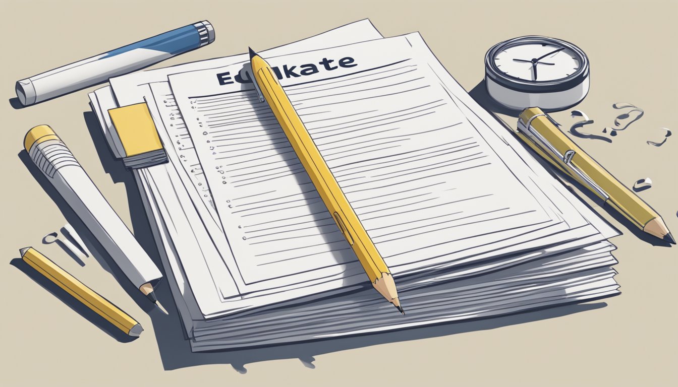 A stack of FAQ sheets with "edukate tuition" logo, surrounded by question marks and a pencil