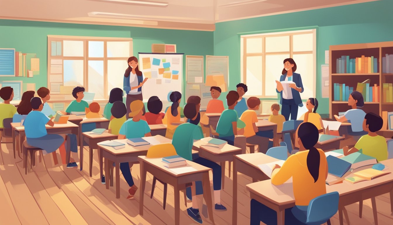 A bright classroom with students and a teacher engaged in a lively discussion, surrounded by books and educational materials