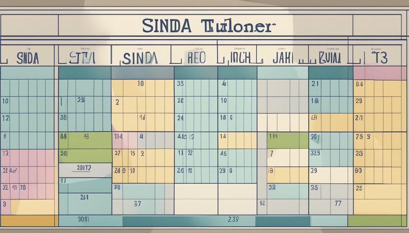A calendar on a wall with labeled time slots for Sinda Step tuition schedule