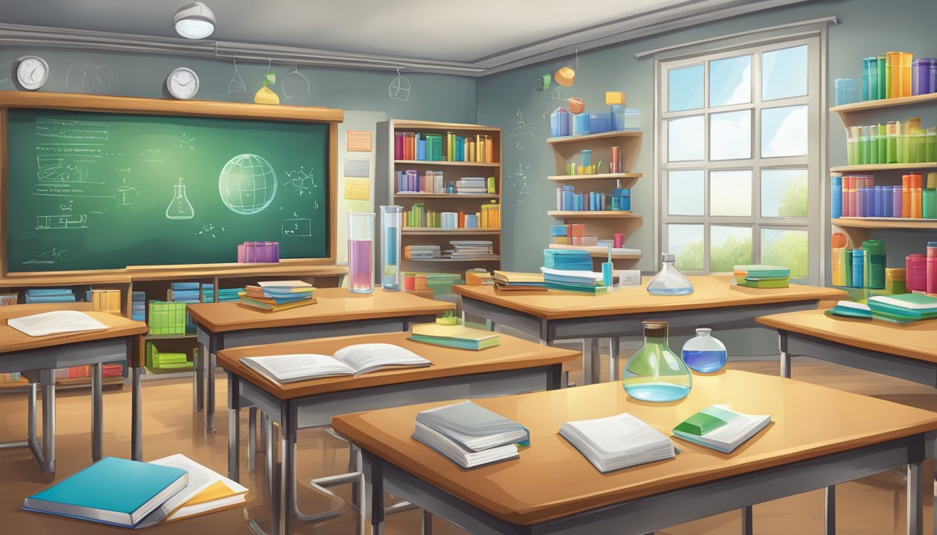 A classroom with science textbooks, a whiteboard with equations, and lab equipment like beakers and test tubes