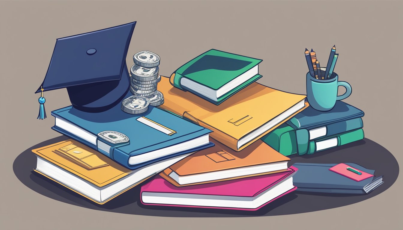 A stack of books and a graduation cap on a desk with a calculator and a laptop, surrounded by dollar signs and a chart showing rising tuition fees