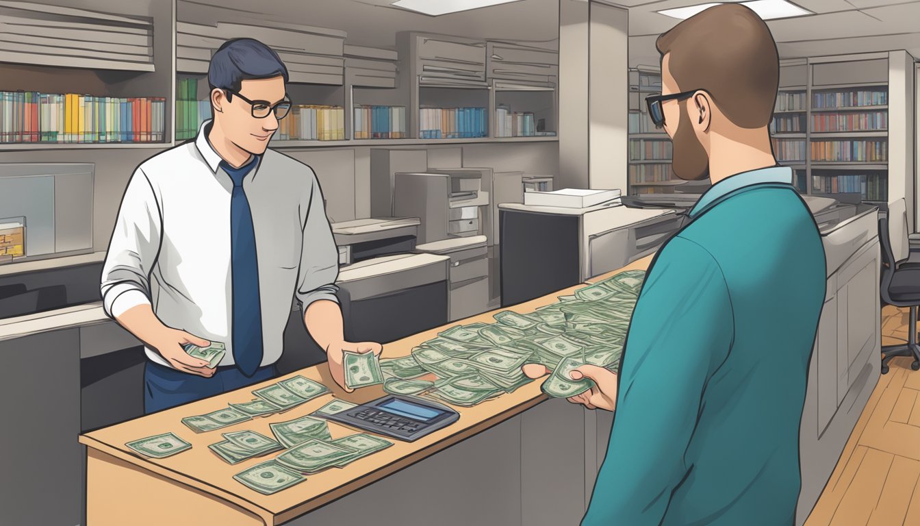 A hand places money into a tuition payment slot, while a support staff member stands nearby in a Newcastle university office