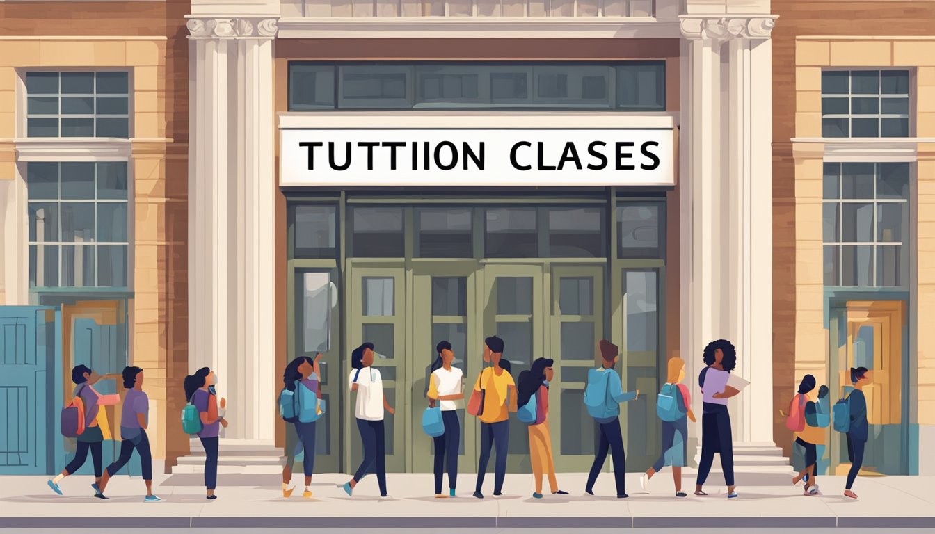 A colorful banner hanging outside a building with the words "Tuition Classes" in bold letters. A group of students eagerly entering the building. A teacher standing at the entrance welcoming them
