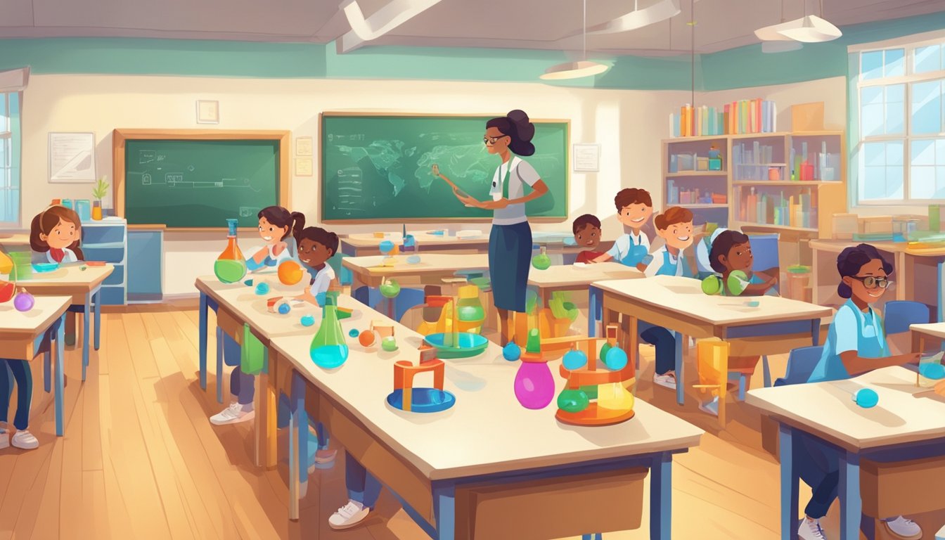 A bright classroom filled with science equipment and educational materials. A teacher demonstrates experiments while students engage in hands-on learning activities