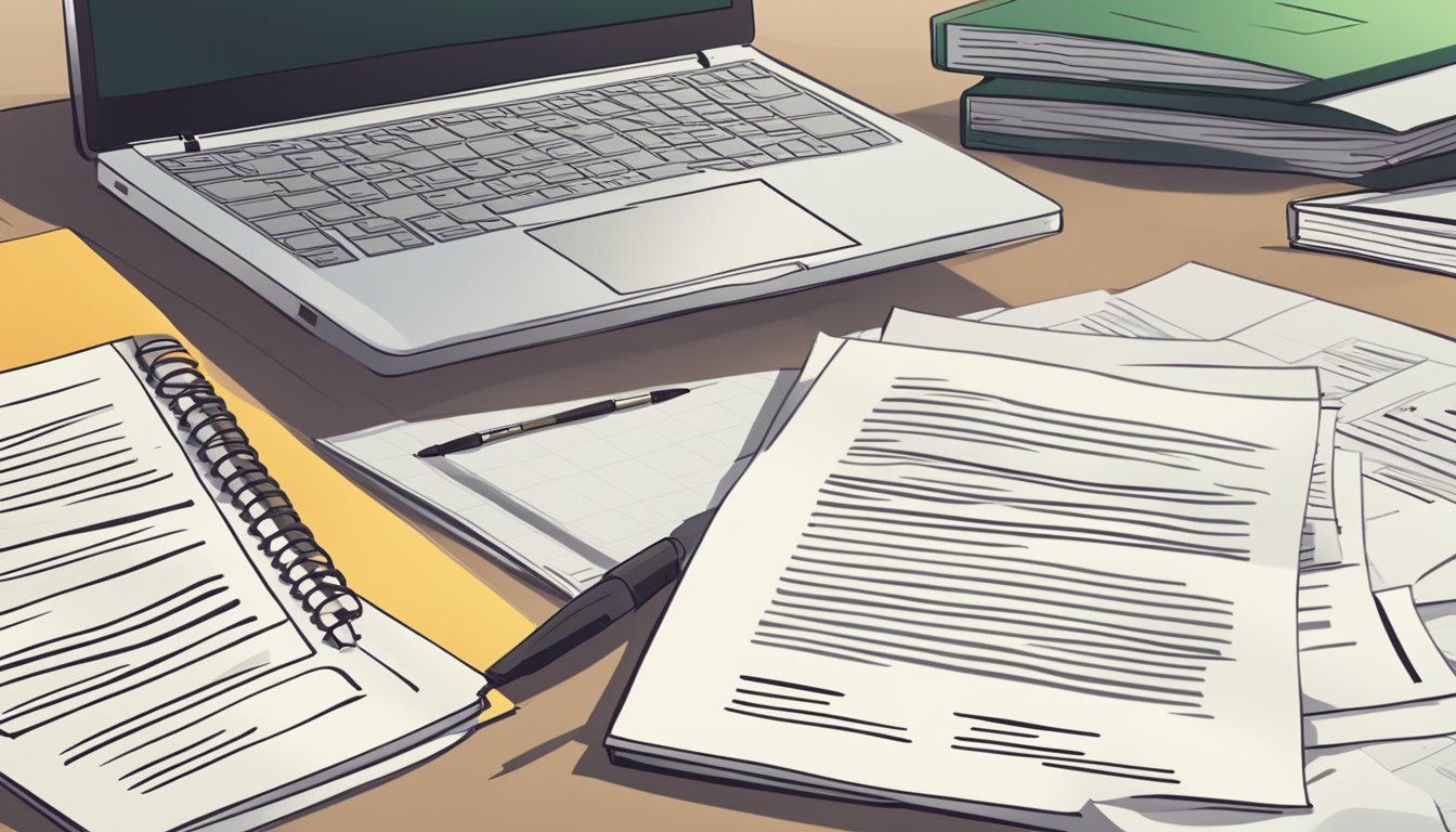 A stack of papers with "Frequently Asked Questions" and "Newcastle Tuition" printed on them, surrounded by a laptop, pen, and notebook