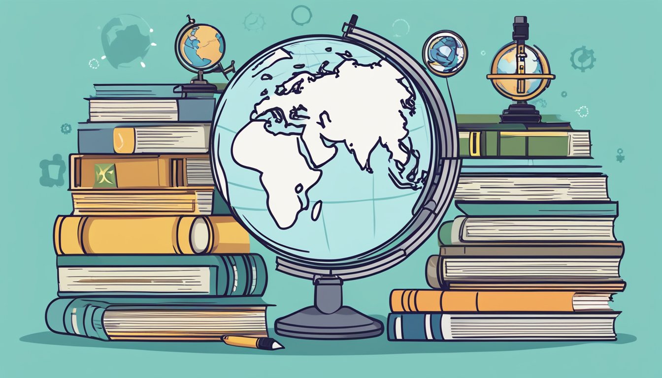 A stack of books with "Frequently Asked Questions in Science Tuition Singapore" on top, surrounded by a globe, calculator, and microscope