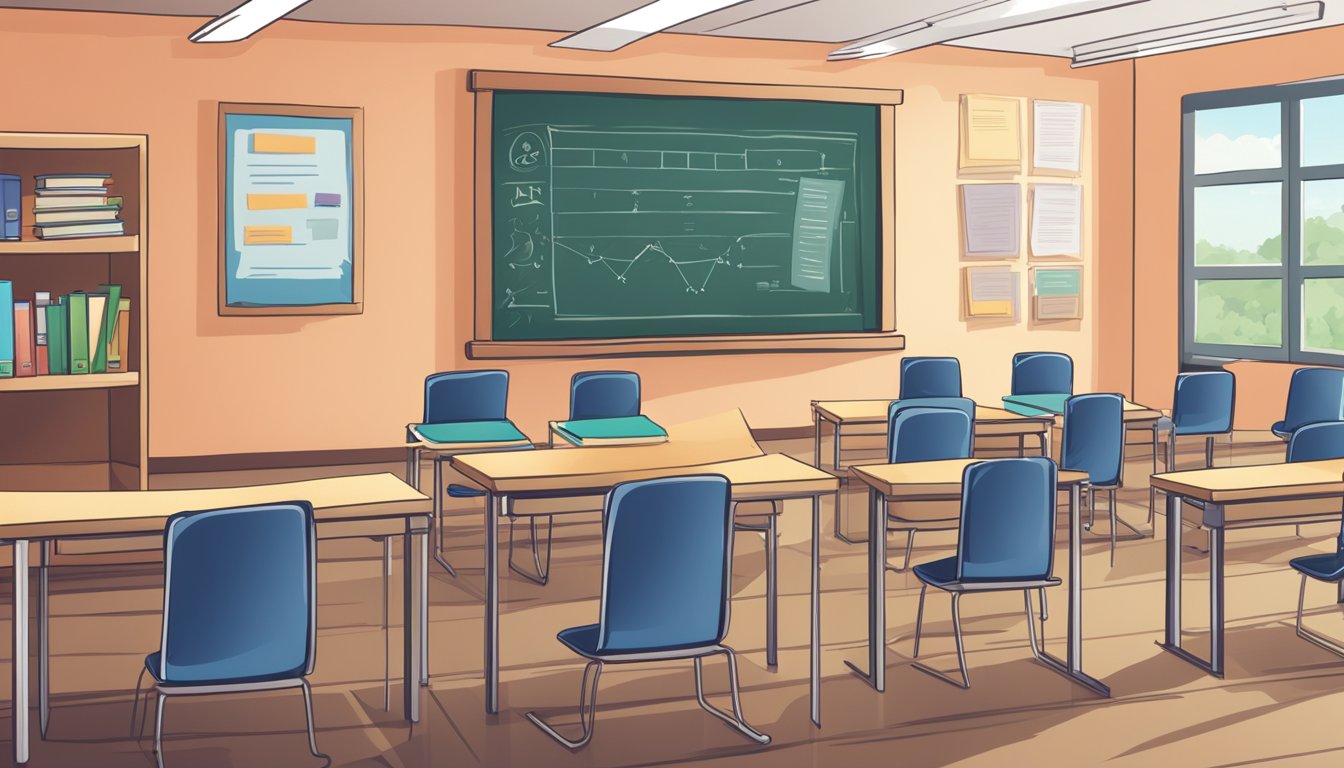 A classroom setting with books, a chalkboard, and a computer. Flyers and posters promoting tuition classes are displayed on the walls. Online and offline marketing materials are visible