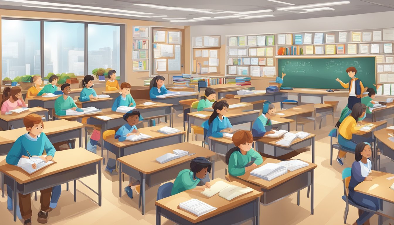 A bustling tuition center with students studying, whiteboards filled with equations, and shelves of textbooks