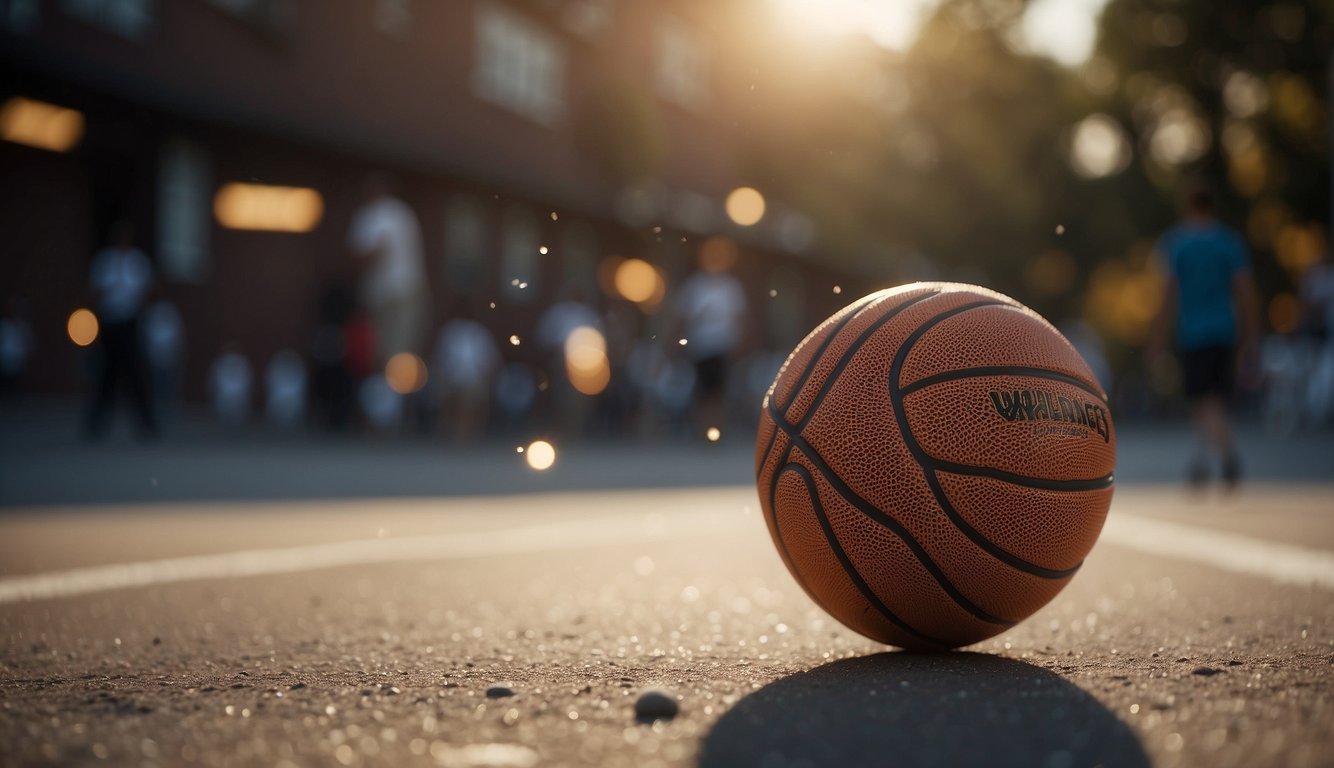 A basketball spinning on a finger, another bouncing on the ground, and a third being dribbled between the legs