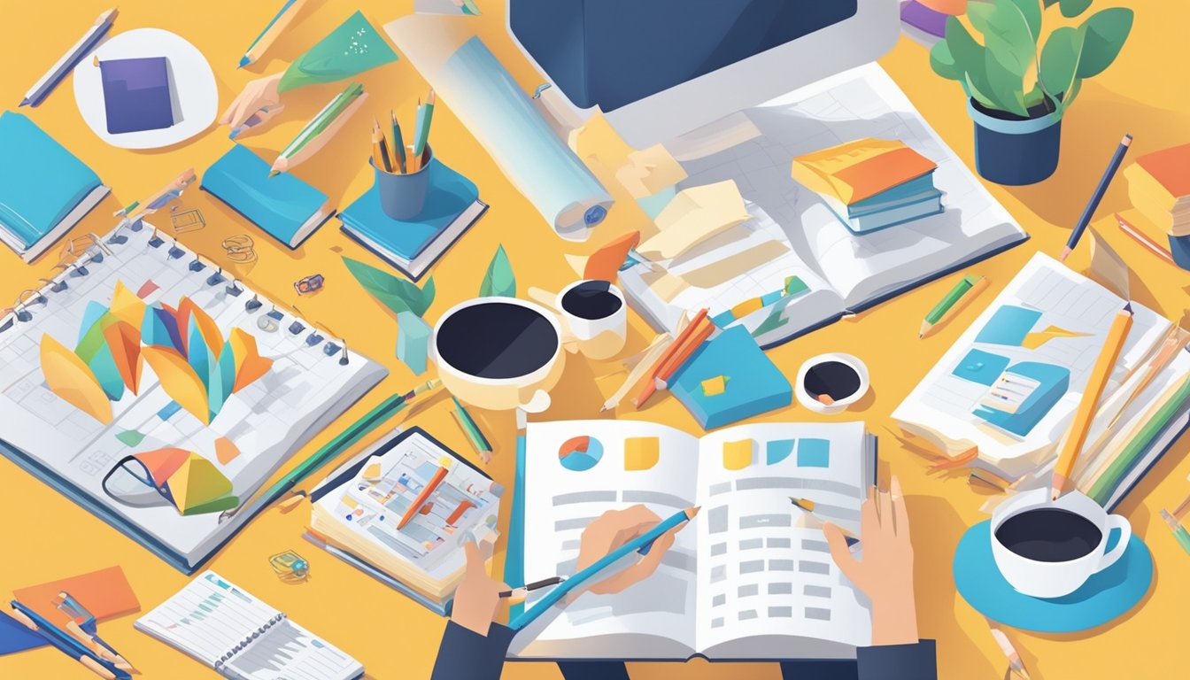 A vibrant flyer with bold text and images of happy students studying. A teacher pointing to a schedule, surrounded by icons of books and pencils