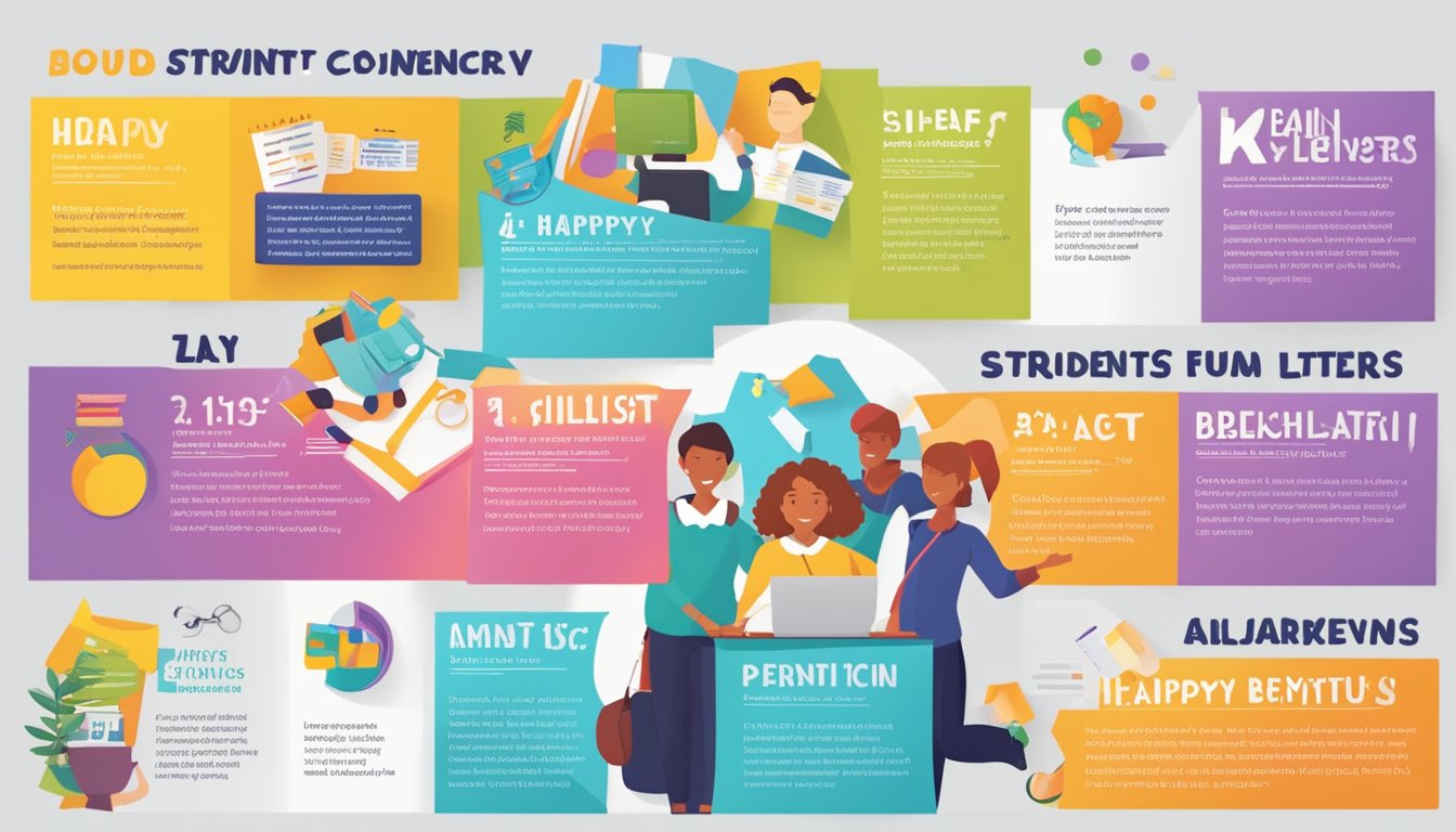 A bright, colorful flyer with bold text and images of happy, successful students. A list of benefits and contact information prominently displayed