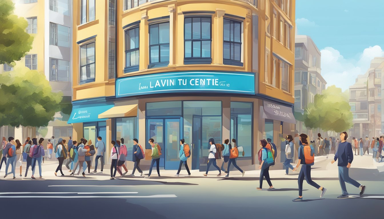 A brightly lit sign reading "Lavin Tuition Centre" against a backdrop of a bustling street with students entering and leaving the building