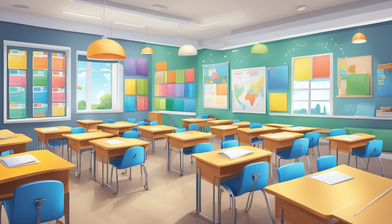 A bright, modern classroom at Lavin Tuition Centre, with colorful educational posters on the walls and neatly arranged desks and chairs