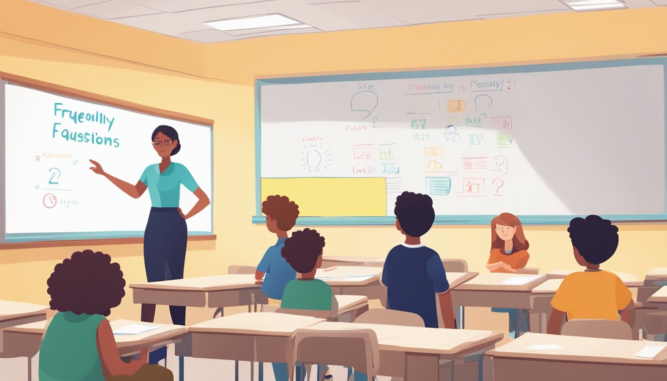 A brightly lit classroom with students listening attentively as a teacher stands in front of a whiteboard with "Frequently Asked Questions" written on it