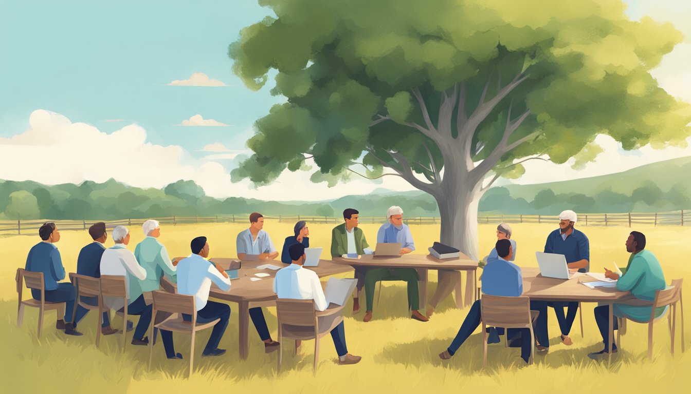 A group of bright minds gather at a farm for a review session, exchanging ideas and insights under the open sky