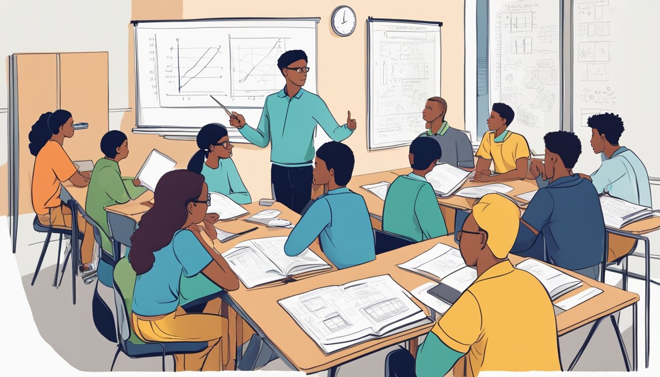 A group of students sit at desks, engaged in a lively discussion. The tutor stands at the front, pointing to a whiteboard covered in equations and diagrams. Bright posters adorn the walls, creating a stimulating learning environment