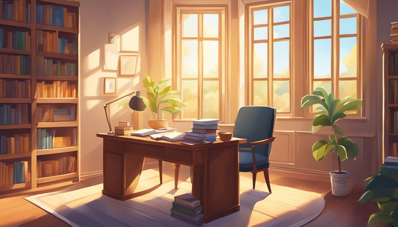 A cozy study room with books and a desk, sunlight streaming in through the window, casting a warm glow on the walls