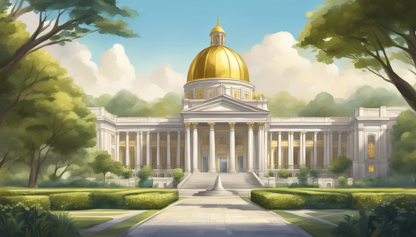 A grand university building with a golden dome, surrounded by opulent gardens and towering marble columns