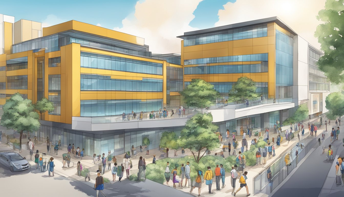 A bustling educational hub with diverse buildings and students at Gavin