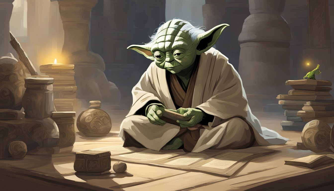 Yoda sits cross-legged, teaching a young student about the Force with a serene expression. The room is filled with ancient scrolls and artifacts