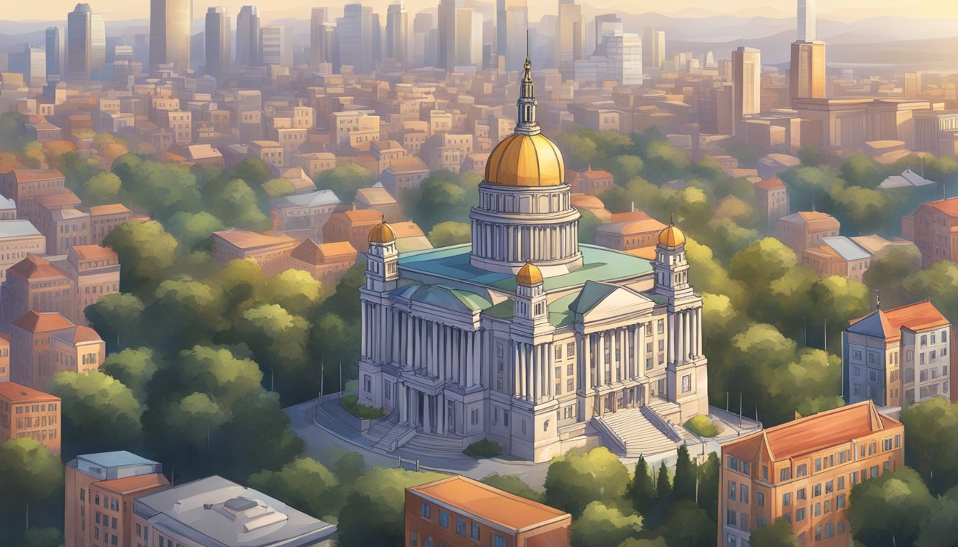 A grand university building towering over a city skyline, with a price tag dangling from the top, displaying the highest tuition cost in the world