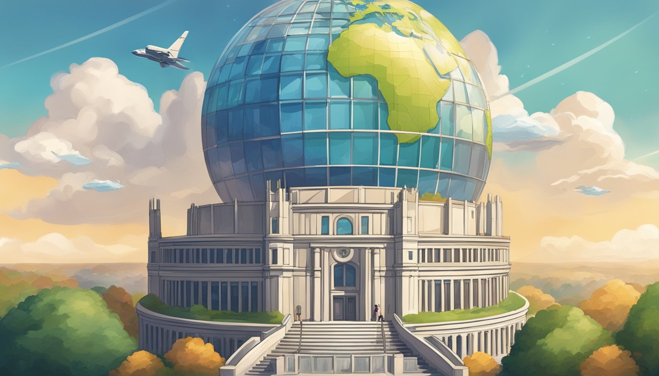 A grand university building towering over a globe, with a price tag soaring into the stratosphere